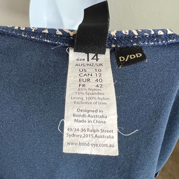 Bond Eye Australia Swim Suit Women's 10 D/DD One Piece Ruched Blue Gold Pattern - Picture 6 of 7